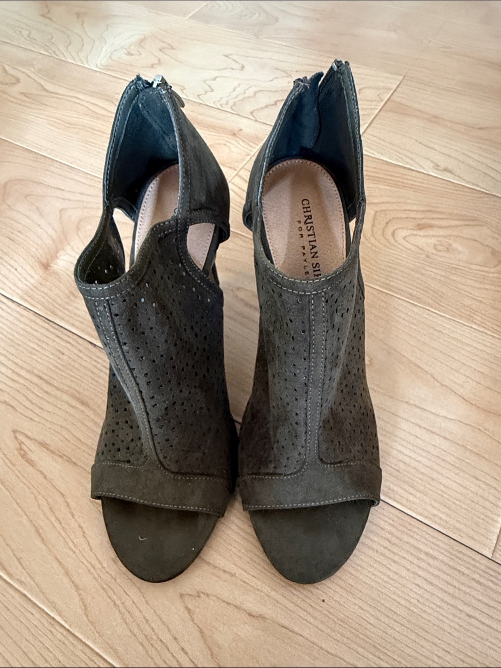 Christian Siriano Olive Green Suede Peep-Toe Mules